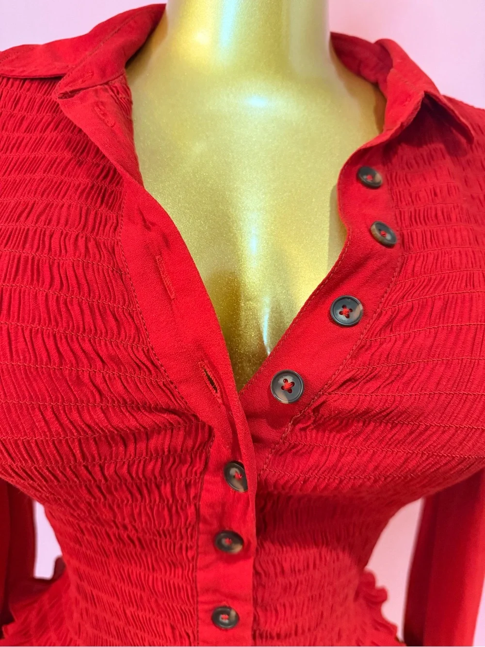 Free People Red Ruched Button-Front Long Sleeve Top